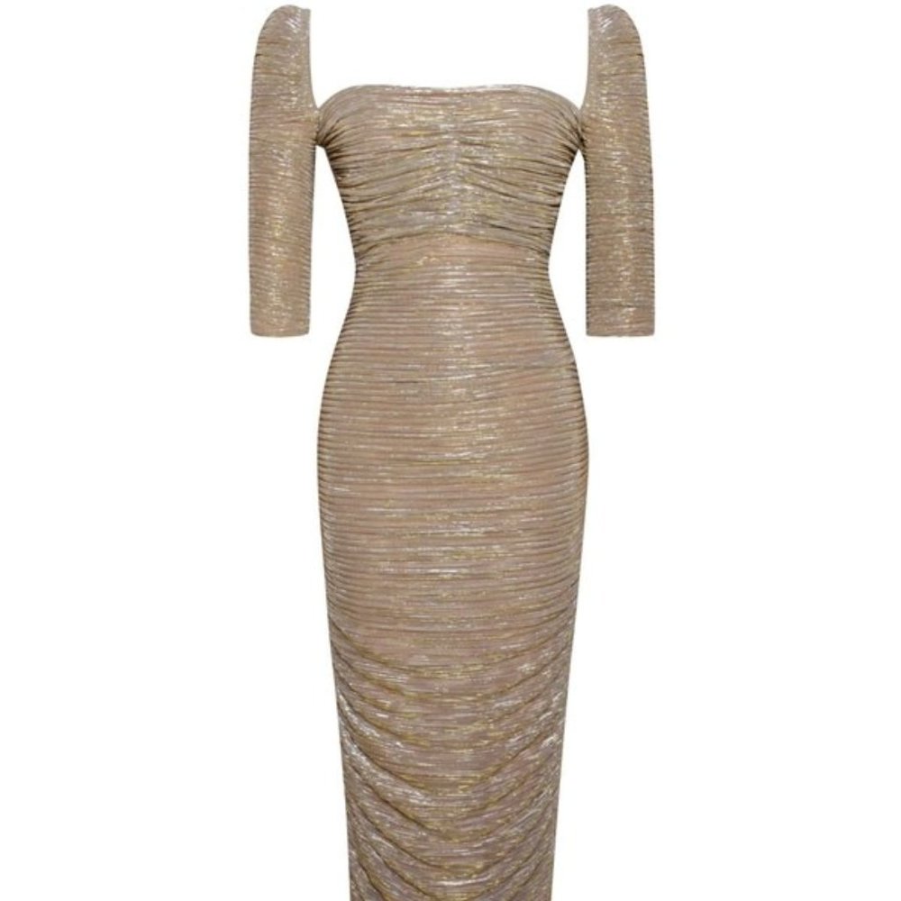 Callie Lives Xena Ruched Gold Stretch Chiffon Sweetheart Split Maxi TUBE Dress L - Picture 11 of 11
